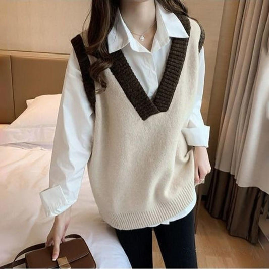 Retro Color Matching V-neck Pullover Sweater Vest Women Loose Sleeveless Vest Top Women Loose Loose Casual Thin Sweater