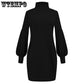 Turtleneck Sweater Dress Women Autumn Winter Elegant Vintage Lantren Sleeve Solid Loose Knit Pullover Sweaters Dresses Vestidos