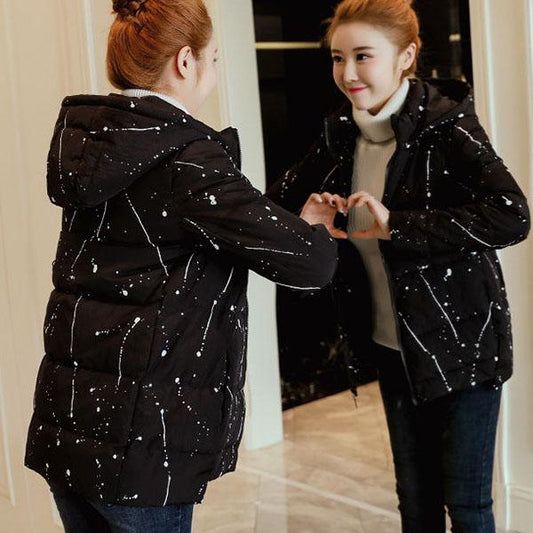 Women Winter Hooded  Jacket Short Cotton Padded Ladies Plus Size  Coat Print Thicken Warm  Parka Stand Collar