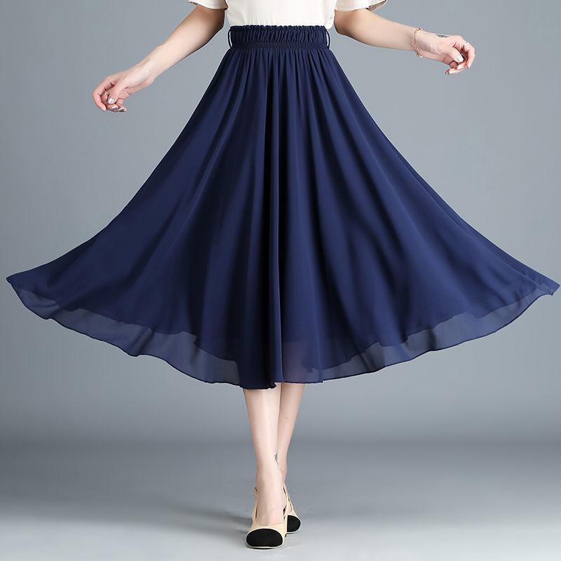 Women Vintage Elegant  High Waist A-line Chiffon Skirt Long Pleated Skirt