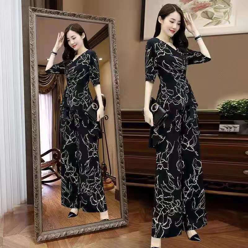 High-waist Wide-leg Pants Suit Summer Plus Size Suit Vertical Wide-leg Pants V-neck Short-sleeved Top Waist Slimming Casual Suit