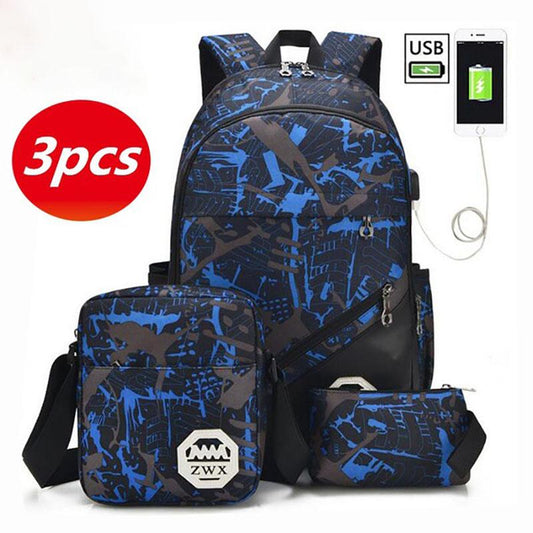 Backpack 3pcs Casual Backpack USB Charge Laptop Backpack Capacity Outdoor Large Backpack