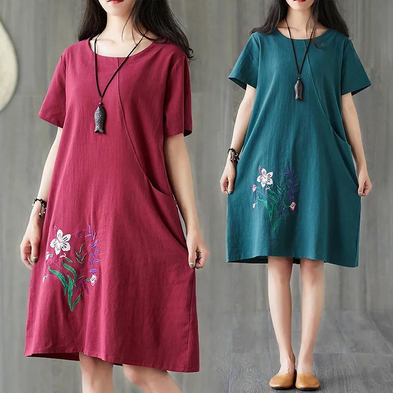 Women's Summer Cotton Hemp Loose Large Size Embroidered Dress Short Sleeve Solid Color Casual Mid-length Dress