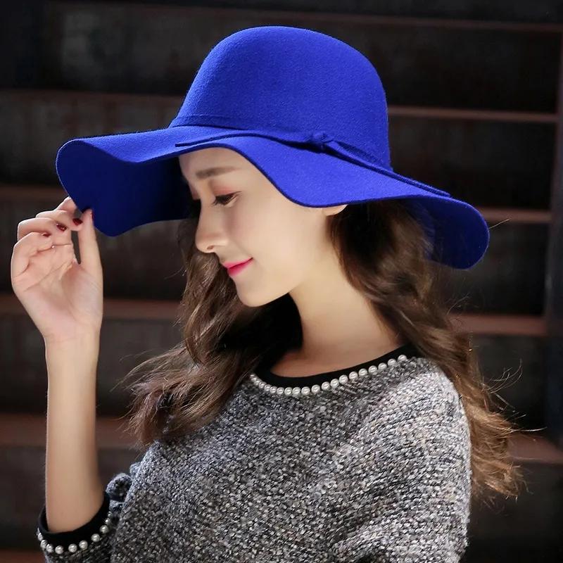 Women's Retro Big Brim Wool Blend Hat Bow Solid Color Warm Basin Hat Casual Vacation Felt Hat Elegant Top Hat