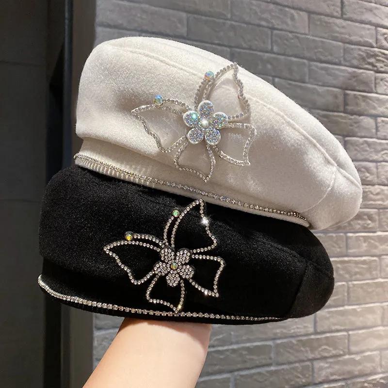 Women's Rhinestone Butterfly Wool Blend Beret Hat Spring Autumn All-match Elegant Retro Painter Hat Solid Color Baker Hat