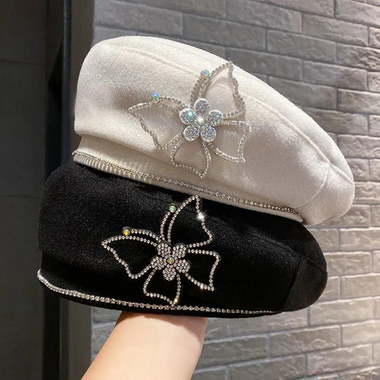 Women's Rhinestone Butterfly Wool Blend Beret Hat Spring Autumn All-match Elegant Retro Painter Hat Solid Color Baker Hat