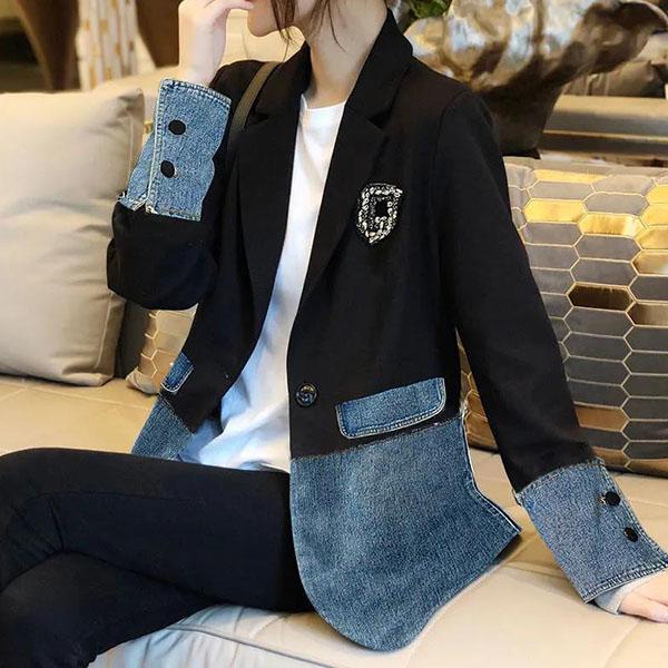 Women's Spring and Autumn Denim Stitching Suit Jacket Winter Lapel Large Size Denim Cardigan Coat