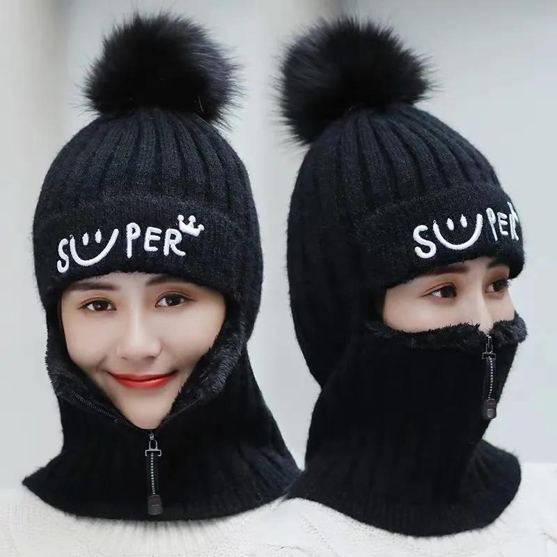 Beanies Women Knit Skullies Mask Hats Plush Warm Winter Caps Fashion Lady Knitted Skullies Beanies Hat