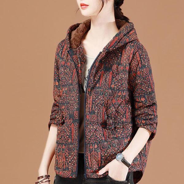 Vintage Printed Hooded Cotton-padded Jacket Women's Short Loose Thick Plus Velvet Padded Jacket Cardigan Parka Jacket Winter