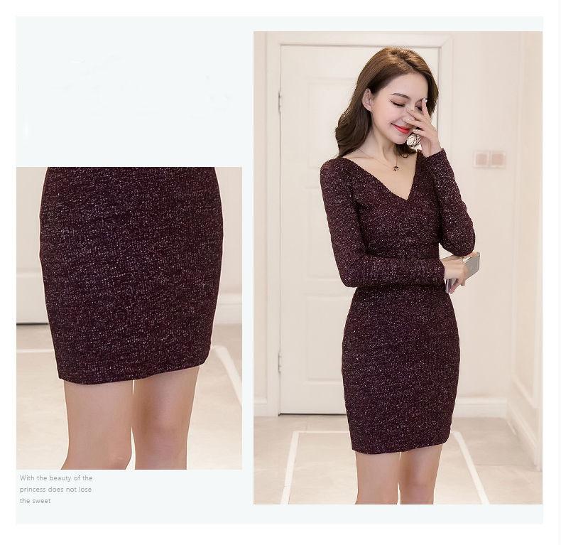 Autumn and Winter Knitted Long-sleeved Bottoming Skirt V-neck Temperament Sexy Dress Was Thinner Buttocks Female Sweater Skirt