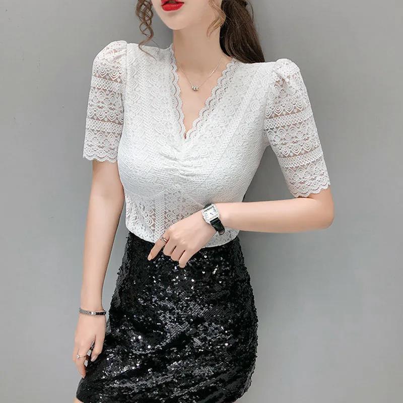 Deep-v Lace Shirt Women Slim Pullover Summer Short Sleeve T-shirt Retro French Casual Top