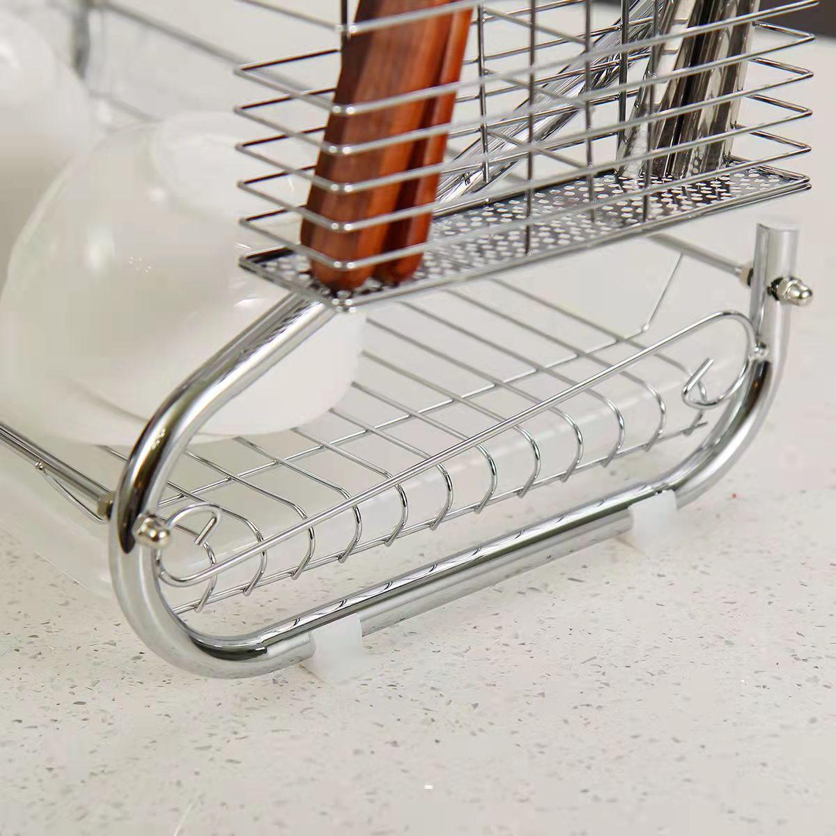 Steel 2 Tier Dish Drying Cutlery Stainless Drainer Drain Silver Tray Rack MH5R