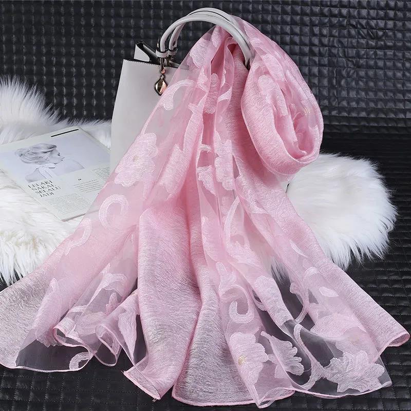 Women's Acrylic Linen Lace Silk Scarf Neck Conver Korean Scarves Long Gauze Scarf Pure Color Auspicious Cloud Embroidery Cut Flower High Quality Shawl