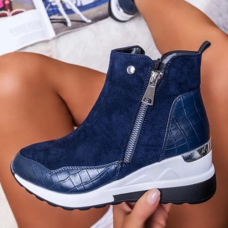 Winter Women Wedge Ankle Boots Casual Comfortable Zipper Sneakers Waterproof High Top Shoes