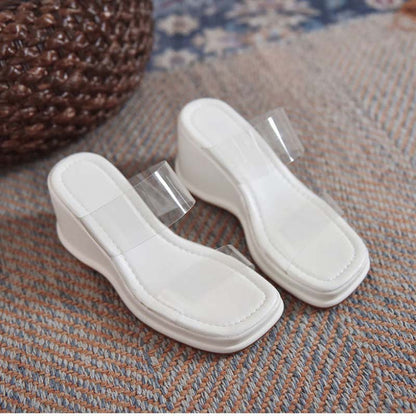 Summer Wedge Platform Sandals Women's Transparent Open Toe All-match One Word Waterproof White High-heeled Slippers Temperament Vacation Beach Sandals