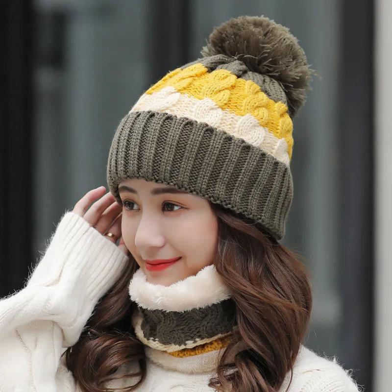 Women's Winter Knitted Hat Korean Style Woolen Cap Plus Velvet Fur Ball Warm Hat Cotton Cap Cycling Cold Proof Cap with Scarf Neck Protection