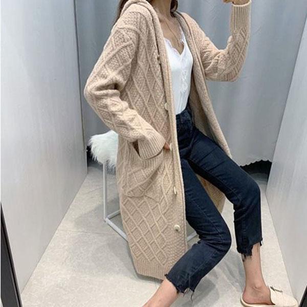 Autumn and Winter Knitted Cardigan Jacket Mid-length Over The Knee Loose Hoodie Thick Casual Women's Top