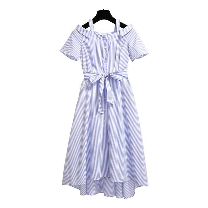 Pofulove Striped shirt dress summer women's midi loose off-shoulder pleated strap dress with belt