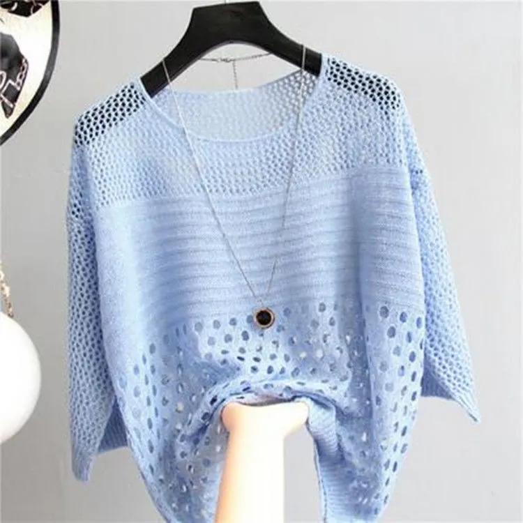 Summer Thin Bottoming Blouse Hollow Top Loose Pullover Knitted Sweater Women's Sunscreen Solid Color Breathable T-shirt