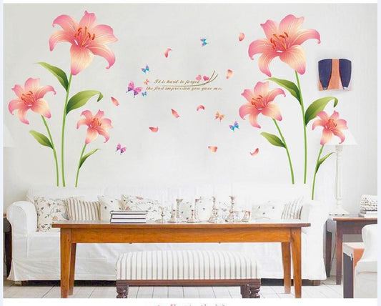 Pink lily romantic warm wall sticker living room sofa background decorative painting cute wallpaper