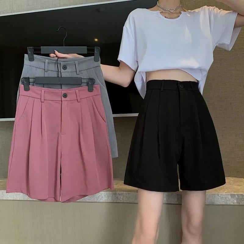 Women's Summer Straight Shorts Korean Version Drape Loose and Thin Casual High Waist Suit Wide Leg Pants Student Wide Leg Pants Elastic Waist Shorts