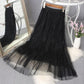 Half-length Skirt Female Four Seasons Can Wear Heavy Beaded Feather Embroidery Three-layer Fabric Mesh Sweet Pleated Fairy Long Skirt