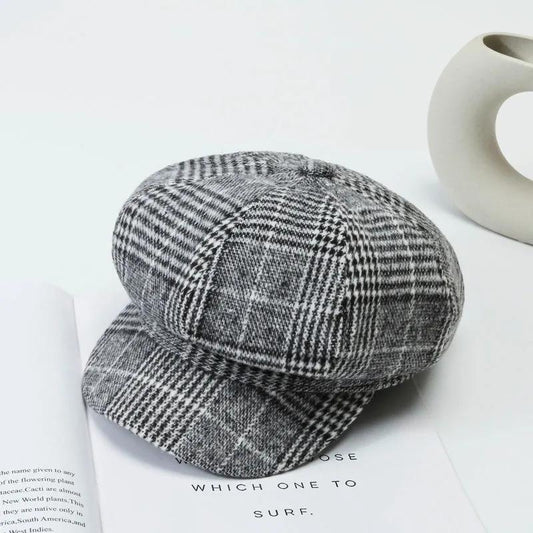 Women's British Retro Plaid Octagonal Hat Spring Autumn Wool Blend All Match Beret Outdoor Leisure Painter Hat Adjustable Beanie Hat