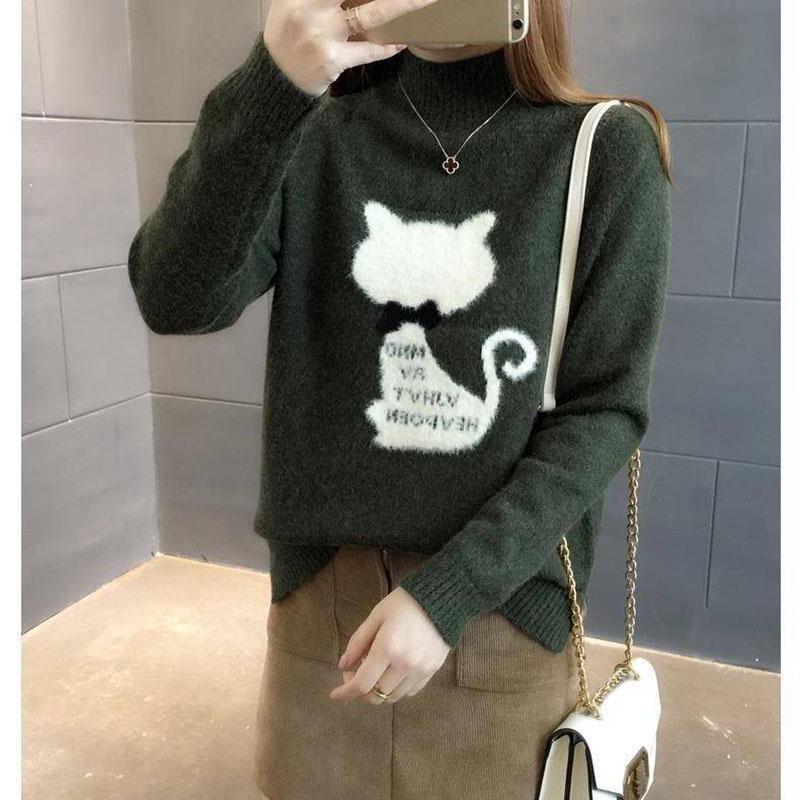 Autumn and Winter Thick Sweater Fashion Loose Knit Top Half High Collar Youth Female Jacket