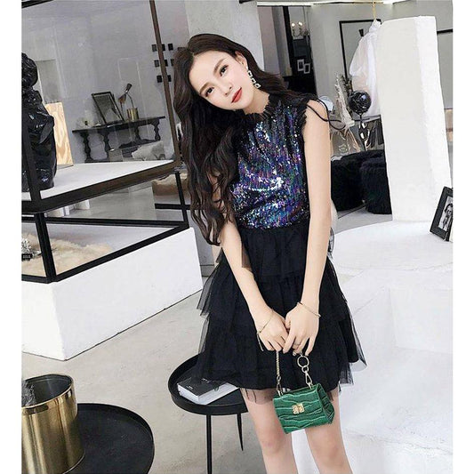 Mesh Sleeveless Sequins Party Dress Women Sequined Dress Elegant Sleeveless Layered Knee Vestidos