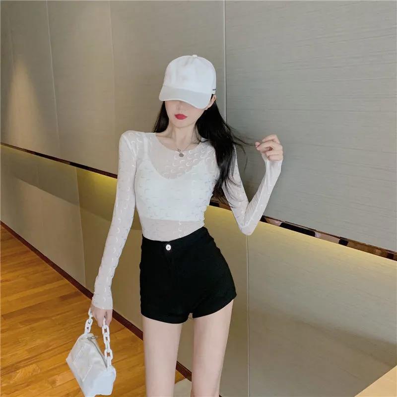 Women Sexy Harajuku Mesh Tops Long Sleeve See Through T Shirt Transparent Moon Print T-shirt Slim Basic Pullover