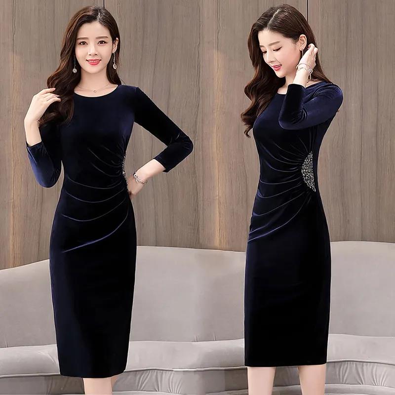 Women's Spring and Autumn Long Dress Gold Velvet Dress Long Sleeve Skirt