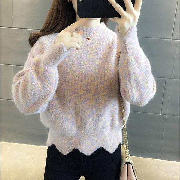 Autumn Winter Korean Knitwear Women Knit Pullover Sweater Tops High-neck Thick Mohair Colorful Rainbow Sweater Outwear