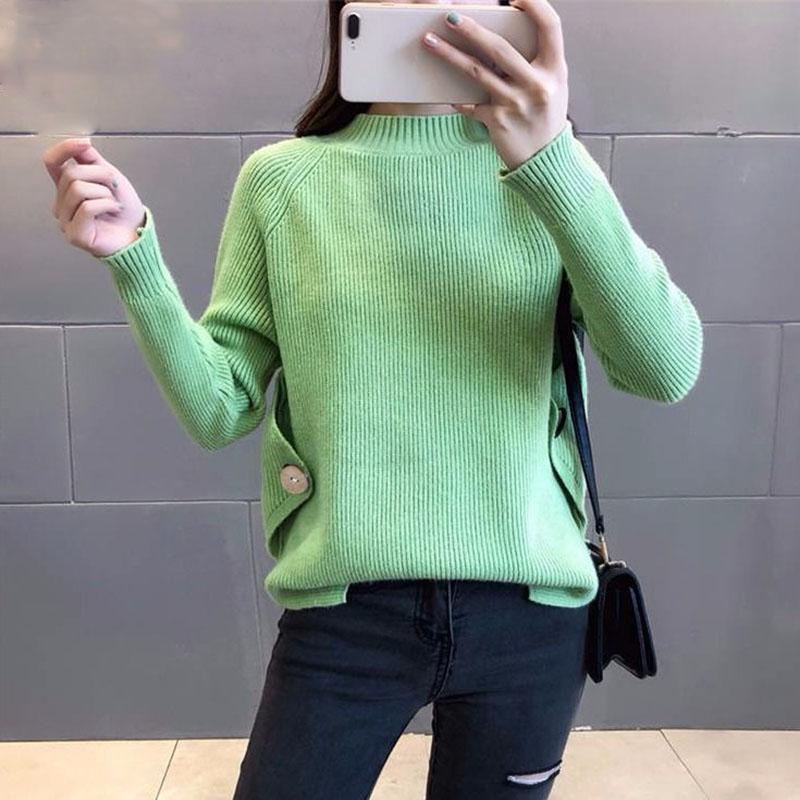 Autumn and Winter Half Turtleneck Sweater Long-sleeved Loose Thick Coat Pure Color Young Women's Knitted Top