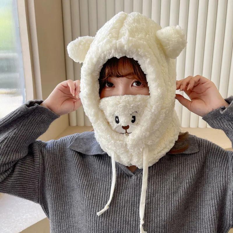 Women's Cute Bear Hat Winter Korean All-match Headgear Riding Scarf Warm Mask Bib Integrated One Piece Ear Face Protection Cartoon Caps Warm Hats