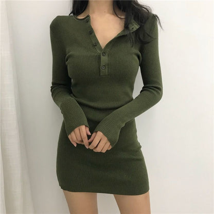 Spring  Autumn Women's Slim Knit Dress Long-sleeved Sexy Bodycon Dress Button Sweater Dress for Inner Outer Wear