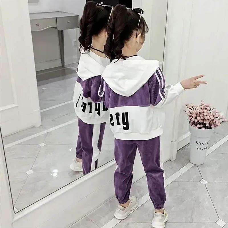 Girls Spring and Autumn Clothing Children Fashion and Comfortable Clothing Long-sleeved Hooded Zipper Jacket Warehouse Leisure Sports Two-piece