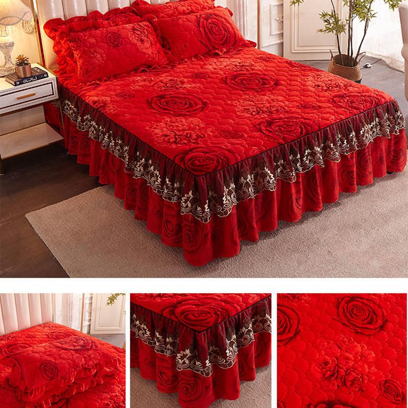 Thickened Plus Velvet Quilted Bed Skirt with Lace Edge Bedspread Non-fleece Winter Warm Crystal Velvet Four-piece Suit