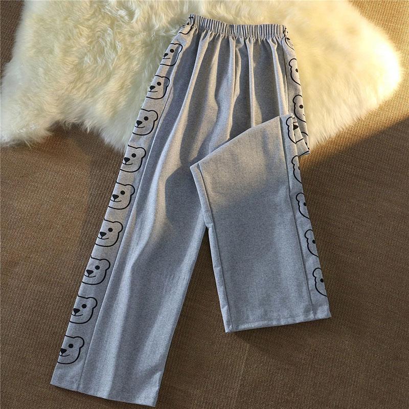 Spring and Summer Loose Small Wide-leg Pants Women's High Waist Drape Bear Sports Pants Casual Straight Mopping Trousers