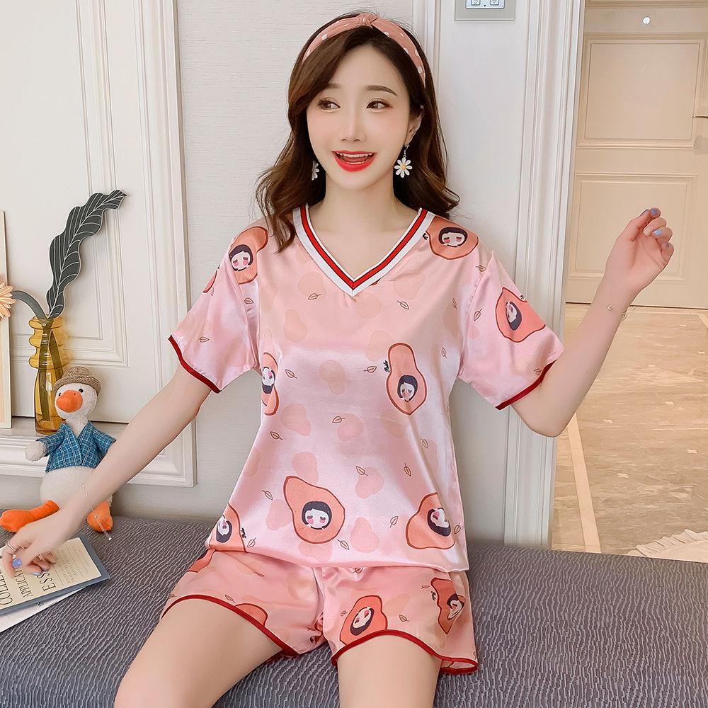 Silk pajamas summer two-piece set long-sleeved female sweet home clothes cute fruit pajamas female