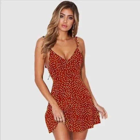 2021 Women Dress Floral Ruffle Short Mini Dress Summer Knot Sexy V-Neck Party Holiday Dress Femal