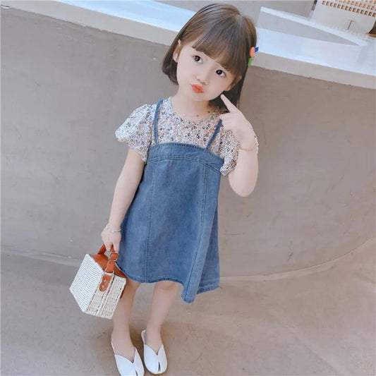 Girls Dress Summer Floral Skirt Western Style Baby Girl Short-sleeved Denim Princess Dress