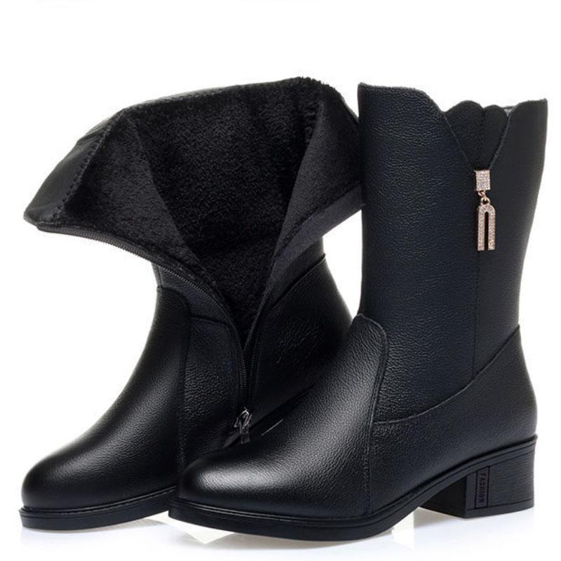 Autumn and Winter Plus Velvet Warm Soft Leather Mid-tube Martin Boots Mid-heel Cotton Boots