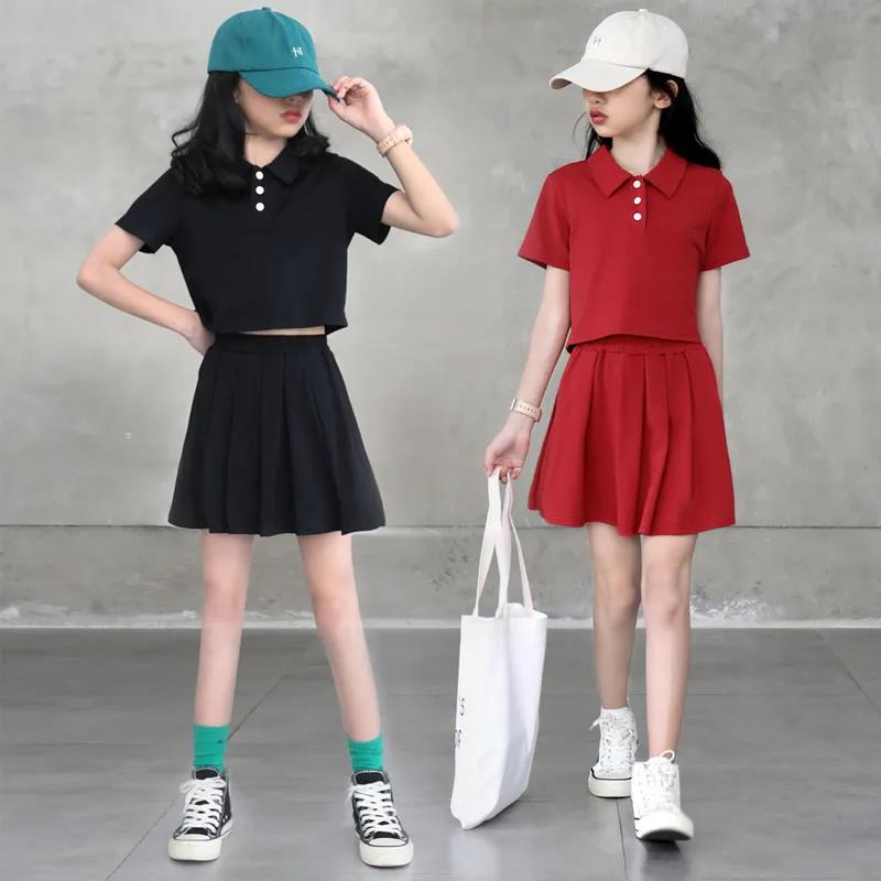 Girls' Suit Summer Thin T-shirt Short Skirt High Waist Two Piece Set Korean Style Loose Uniform Style Pleated Skirt