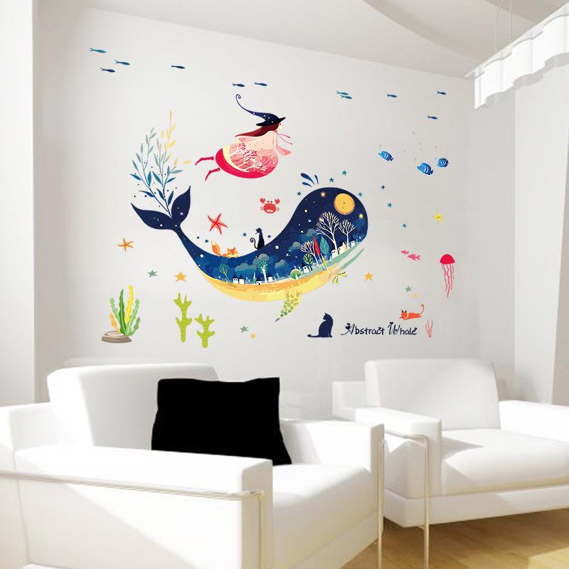 Abstract whale cartoon wall stickers animal removable self-adhesive wallpaper