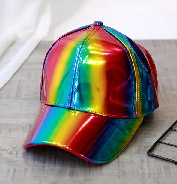 Women Men Color Gradient Shiny Metallic Laser Leather Snapback Baseball Caps