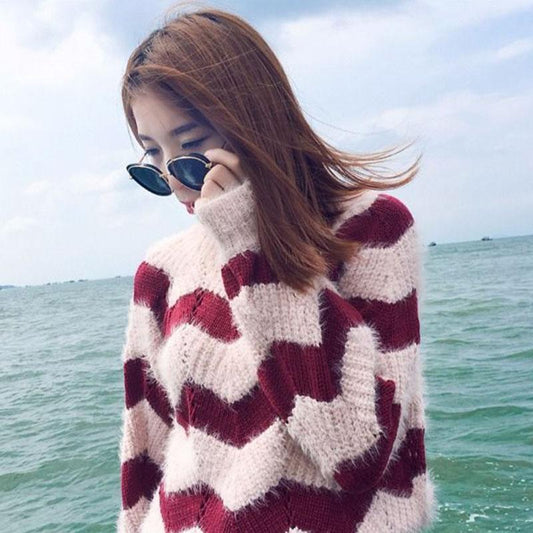 Autumn and Winter Round Neck Mohair Sweater Pullover Loose Cropped Top Thick Knitted Women's Bottoming Shirt