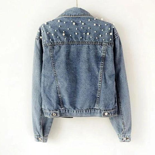 Women's Autumn Large Size Denim Jacket Full Sleeve Loose Button Pearls Short Lapel Casual Denim Coat