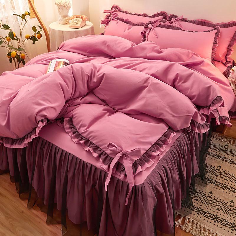 Korean Brushed Bed Skirt Bowknot Four-piece Princess Style Bed Cover Thick Non-slip Lace Bedding