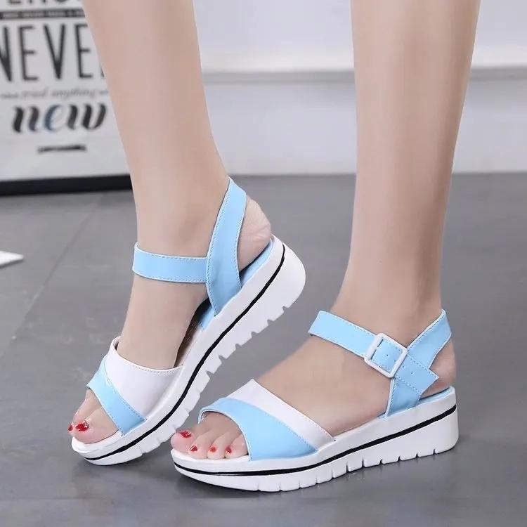 Summer Color-blocking Thick-soled Sandals Women's Mid-heel Wedge Sandals Casual All-match Student Platform Sandals Non-slip Waterproof