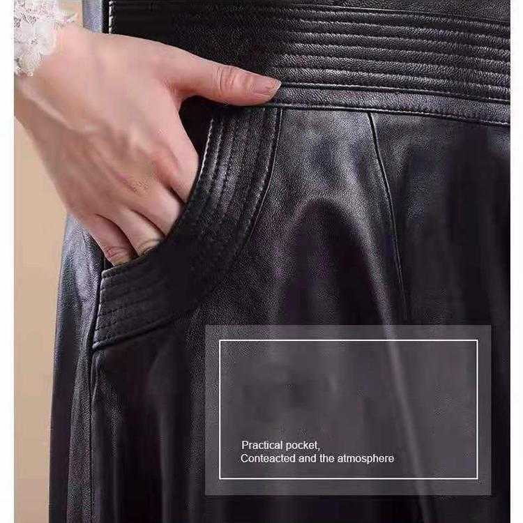 Women Spring Autumn PU Leather Skirts Lady High Waist A-line Skirt Midi Length Black Skirt Women